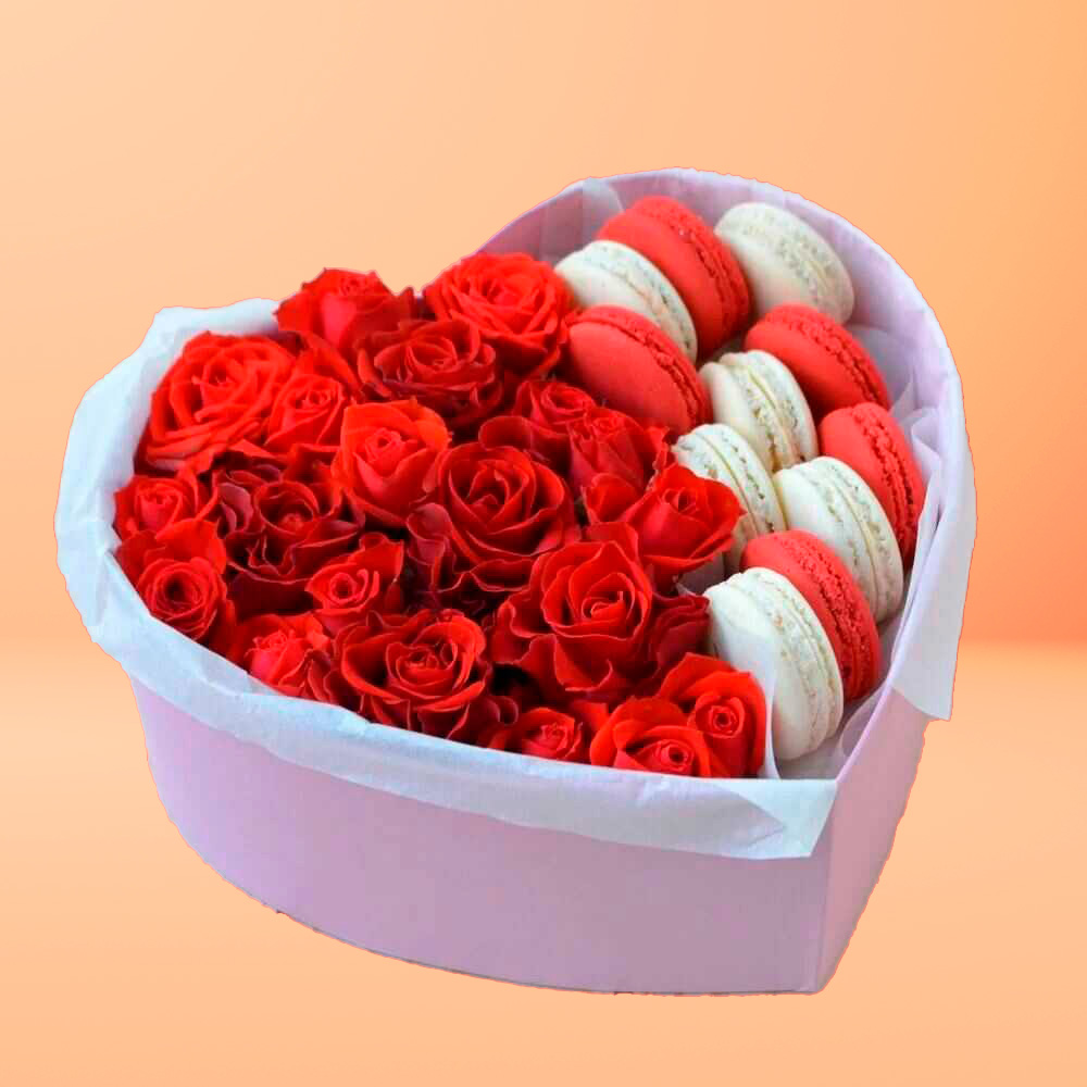 box de rosas rojas con macarrones franceses 1